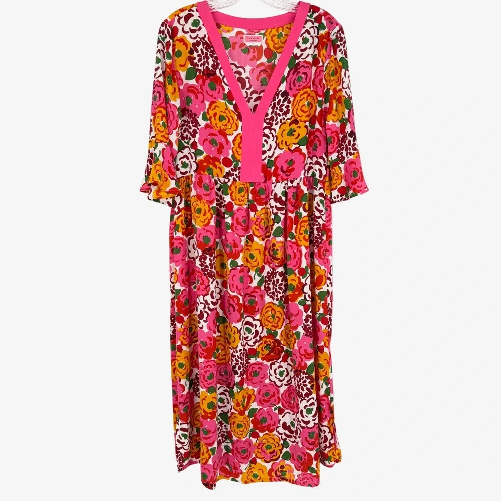 Kate Spade Utterly Famous Pink Floral Kimono Caftan Midi Dress Ruffle Sleeve M